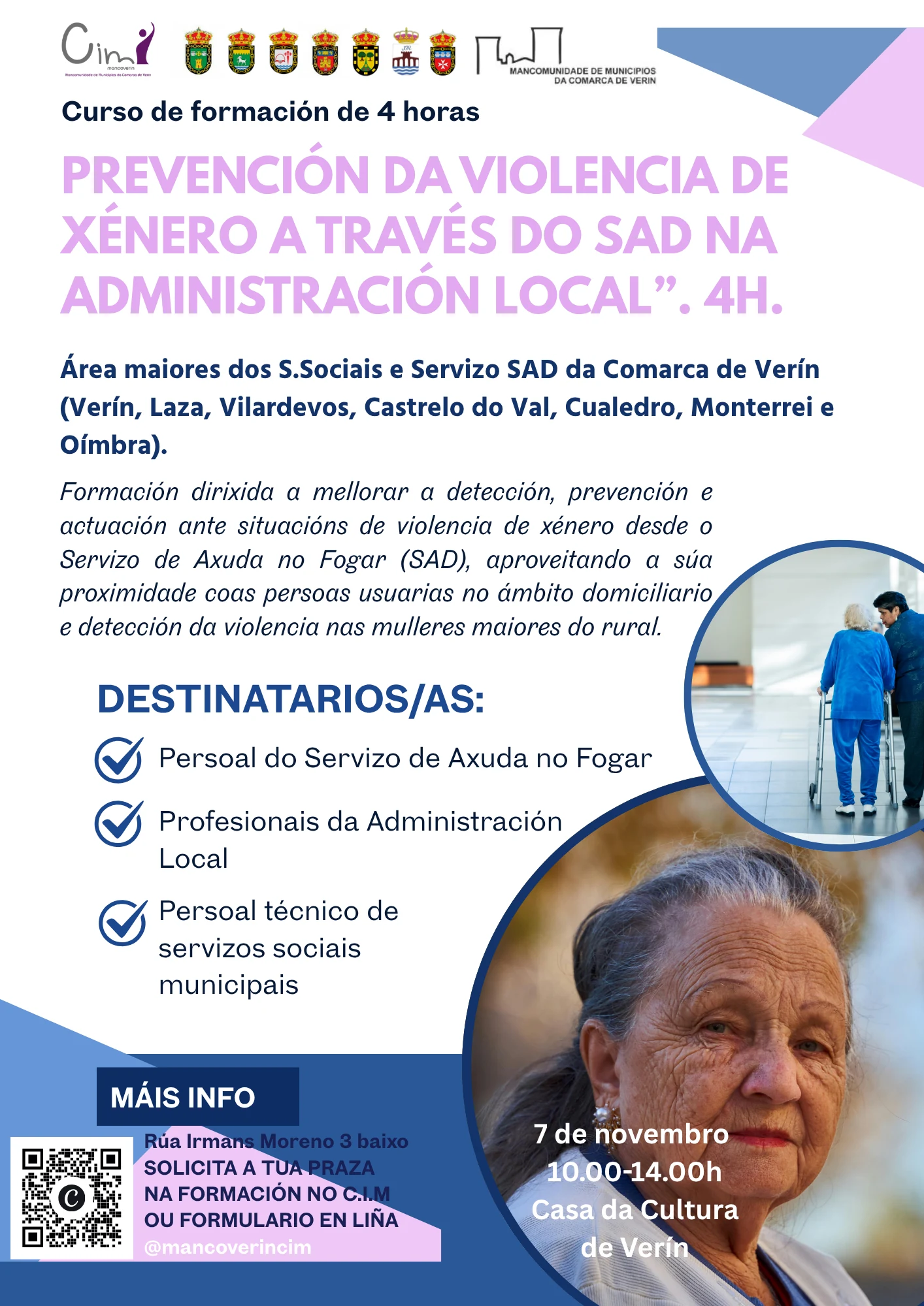 Cartel da formación «Prevención da violencia de xénero a través do SAD na Administración Local», de 4 horas, o 7 de novembro de 10:00 a 14:00 h na Casa da Cultura de Verín. Organiza o CIM da Mancomunidade de Municipios da Comarca de Verín.
